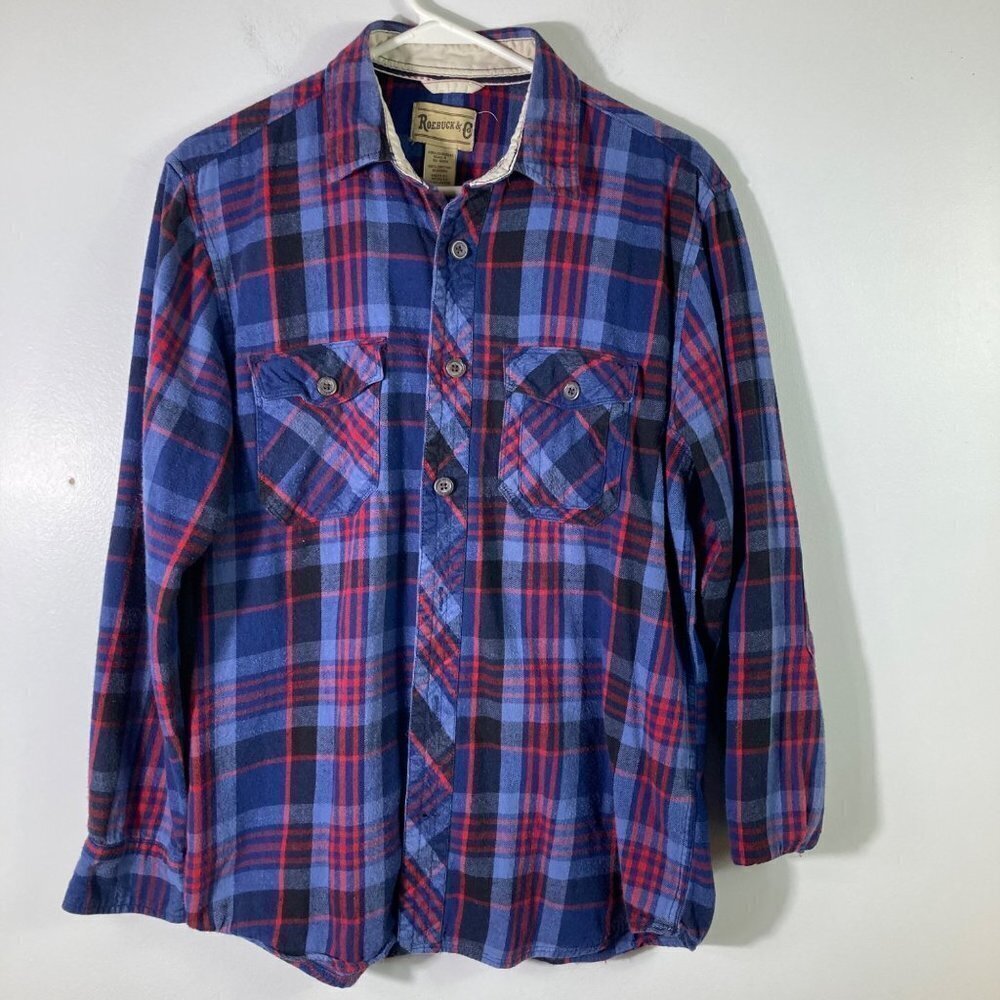 Mens Roebuck‎ & Co Plaid Flannel Shirt Blue Red M Cotton